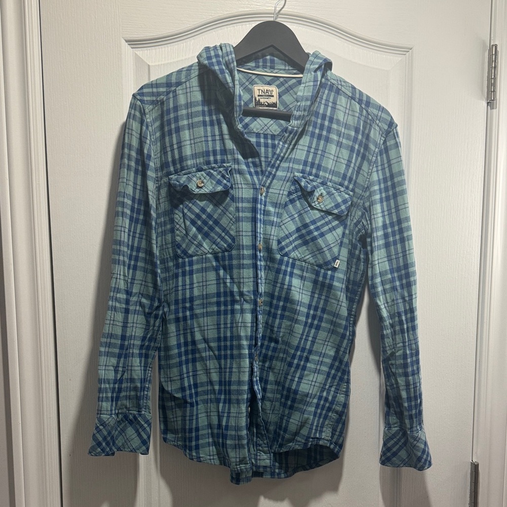 317- Aritzia TNA Blue Green Plaid Flannel Shirt Hooded Button-Up Casual Cozy